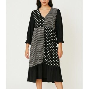 Black White Polka Dot Midi Dress MEDIUM Punk Goth Emo Rock Casual 3/4 Sleeve